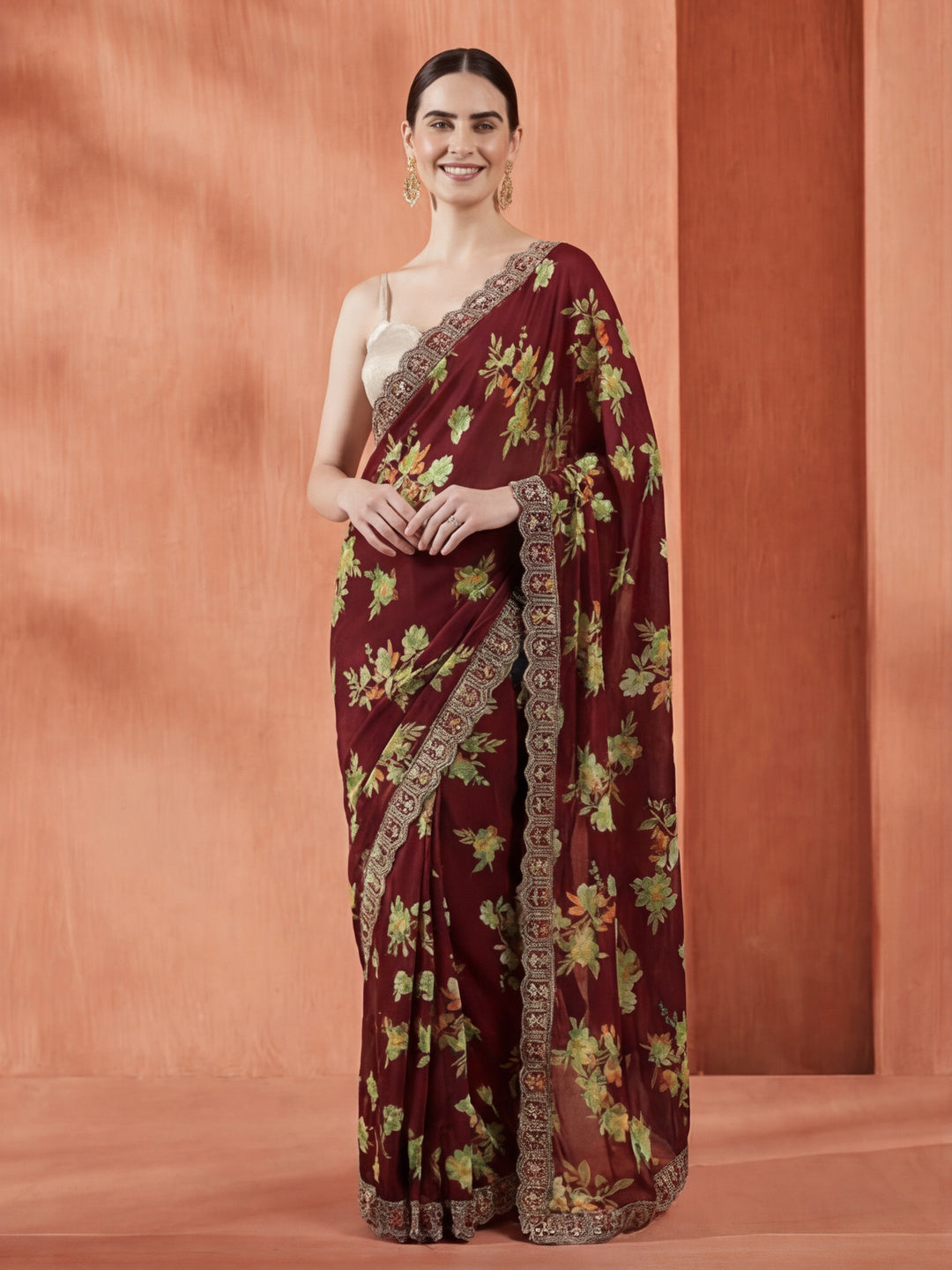 Floral Printed Party Wear Violet Saree