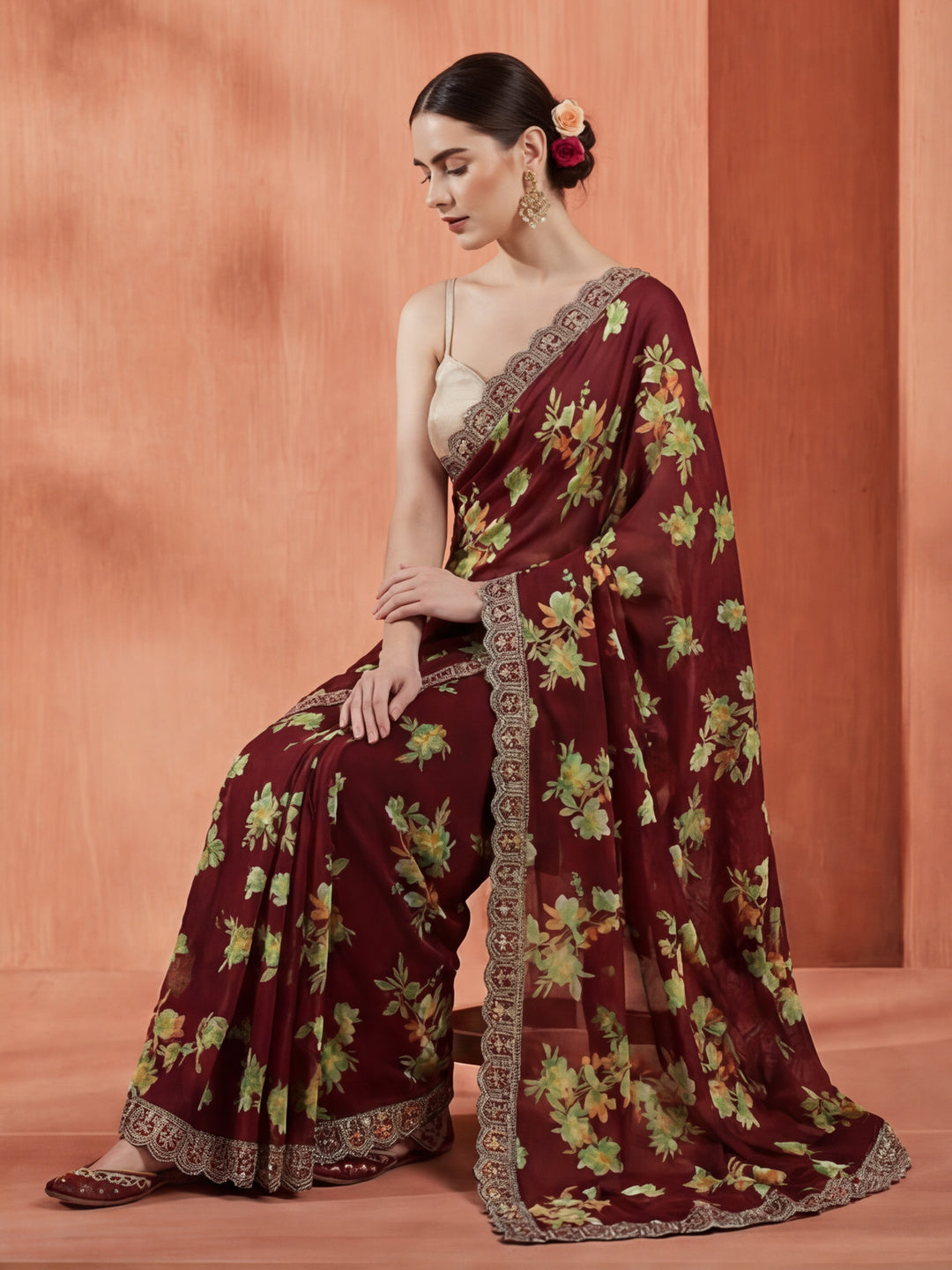 Floral Printed Party Wear Violet Saree