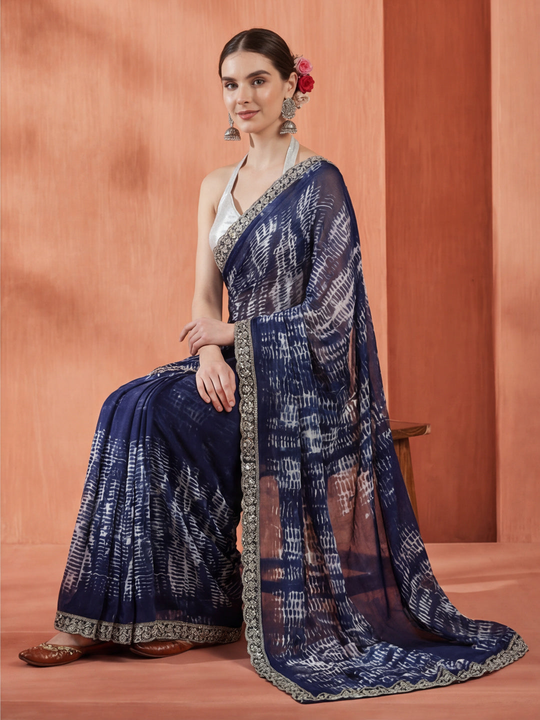 Blue Sequin Embroidered Pure Georgette Tie Dye Saree