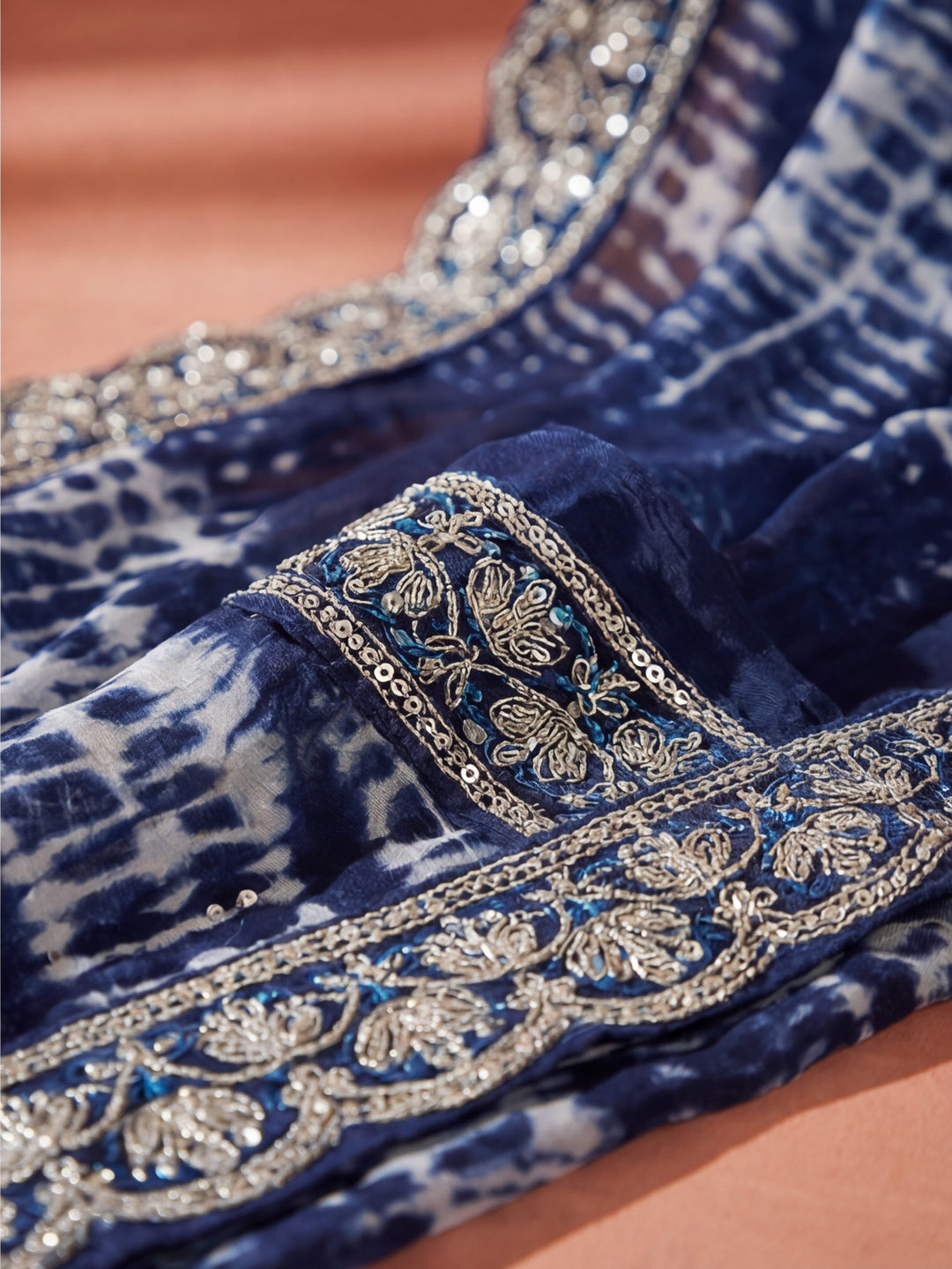 Blue Sequin Embroidered Pure Georgette Tie Dye Saree