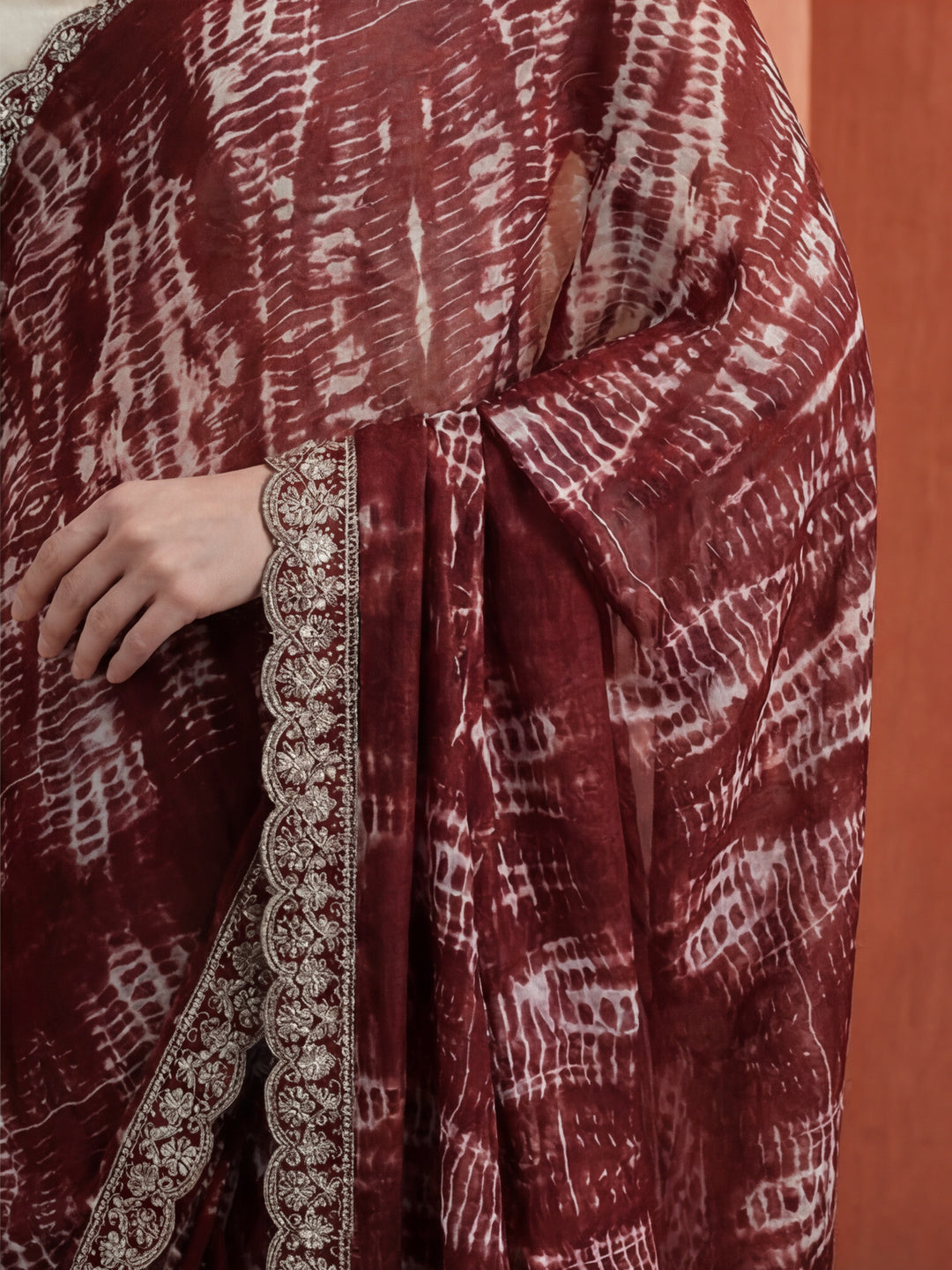 Maroon Sequin Embroidered Pure Georgette Tie Dye Saree