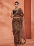 Brown Sequin Embroidered Net Party Wear Saree