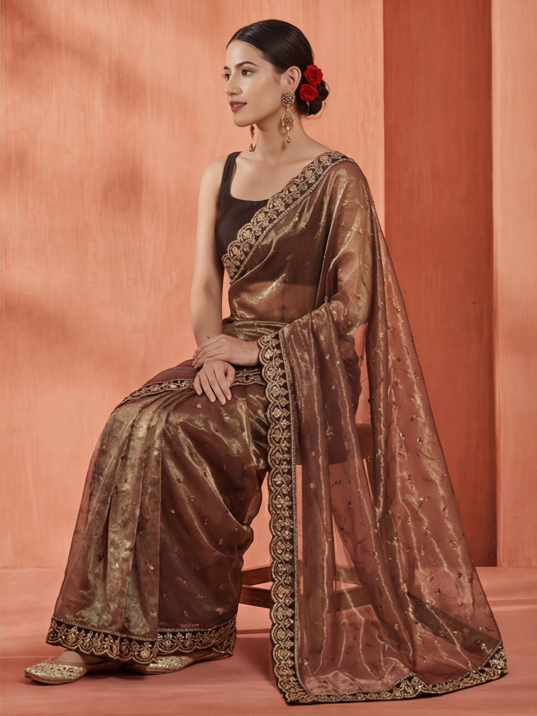 Brown Sequin Embroidered Net Party Wear Saree
