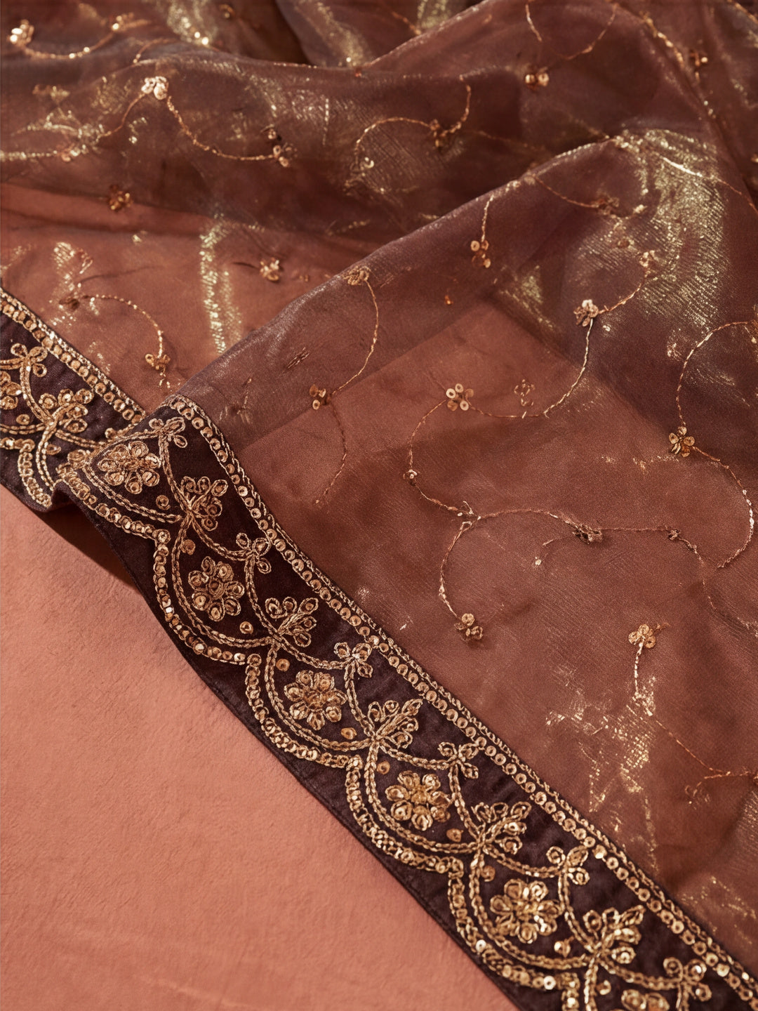 Brown Sequin Embroidered Net Party Wear Saree