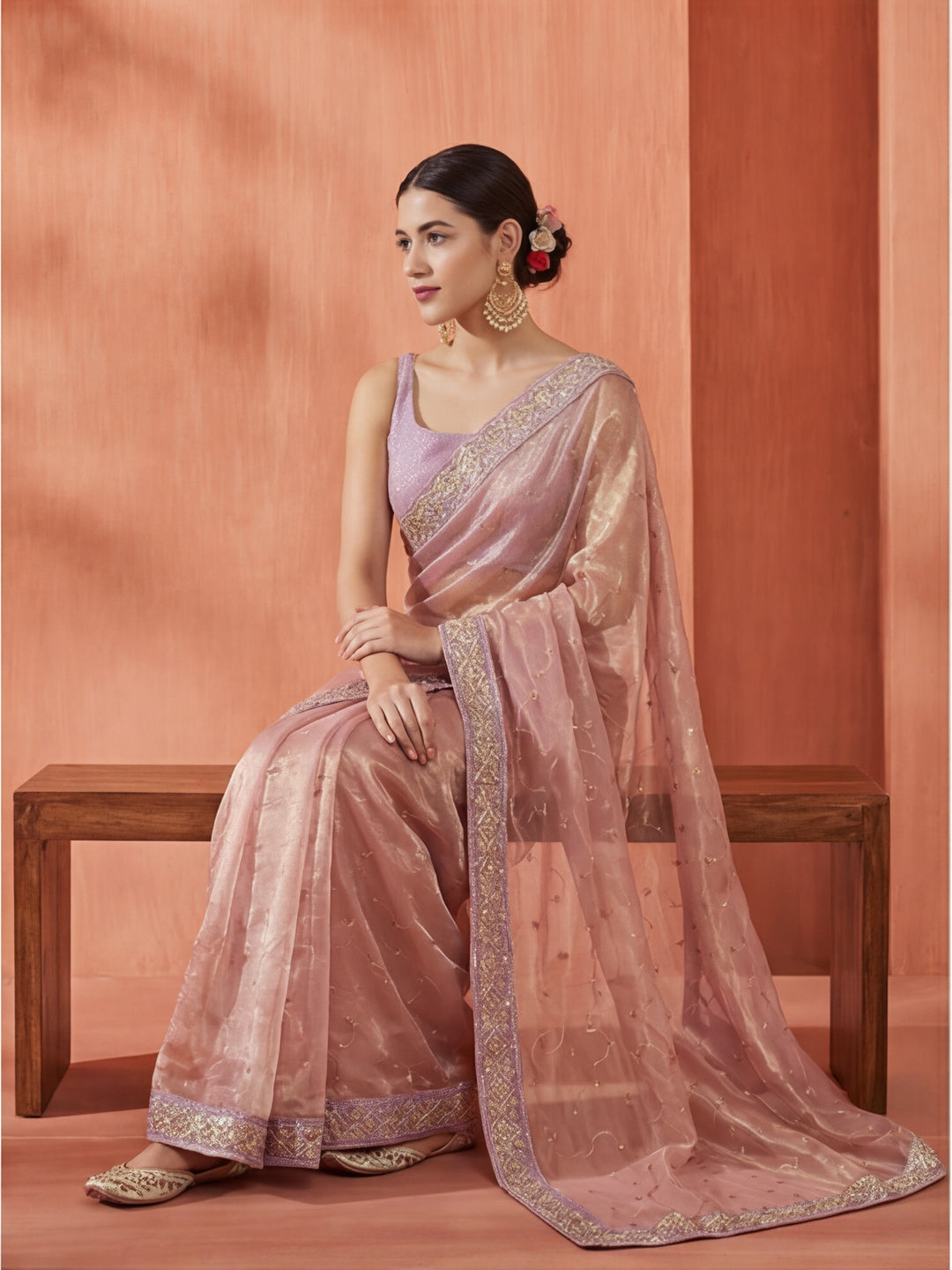 Pink Sequin Embroidered Net Party Wear Saree