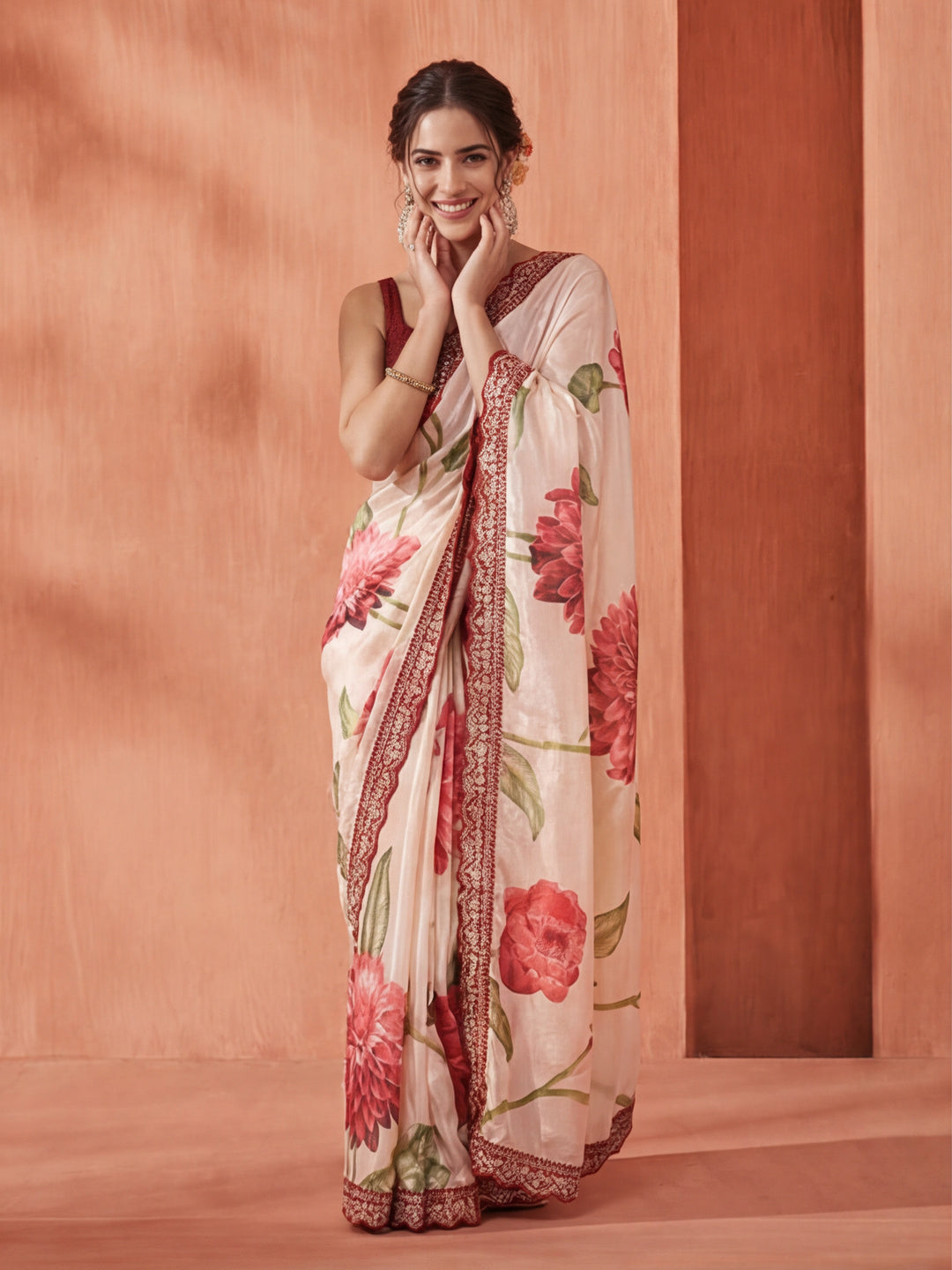 Floral Printed Fancy Lace Satin Saree