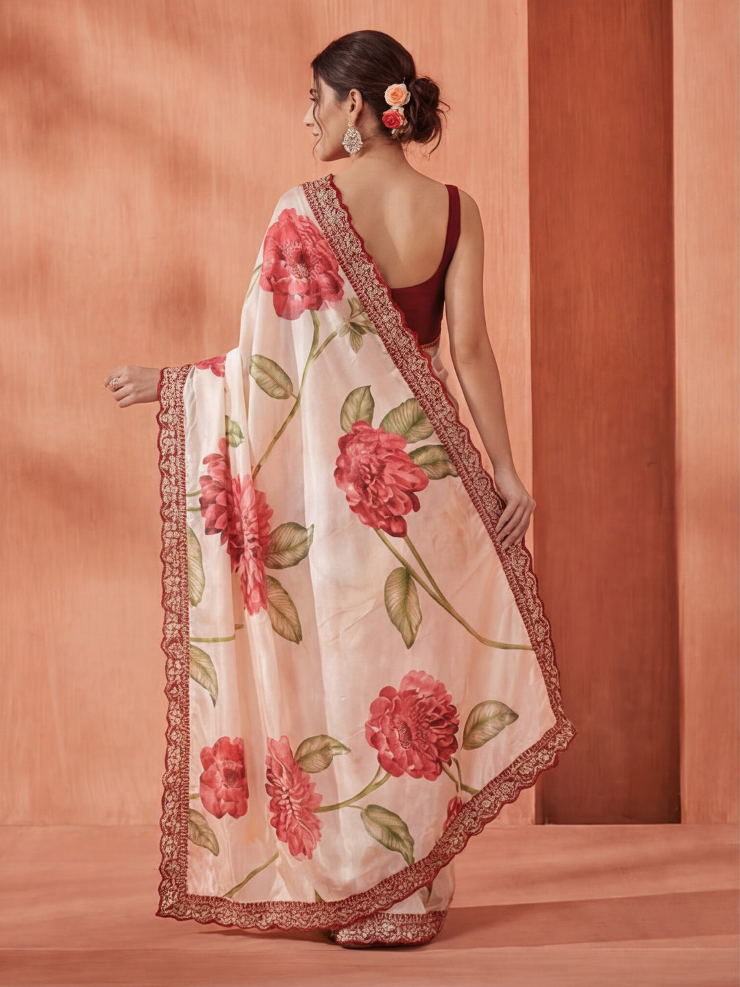 Floral Printed Fancy Lace Satin Saree