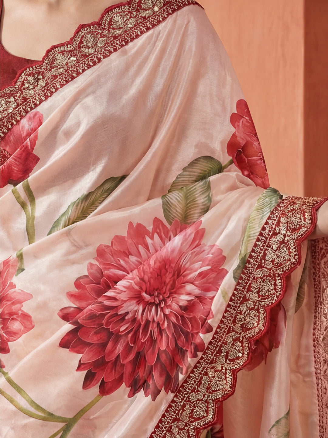 Floral Printed Fancy Lace Satin Saree