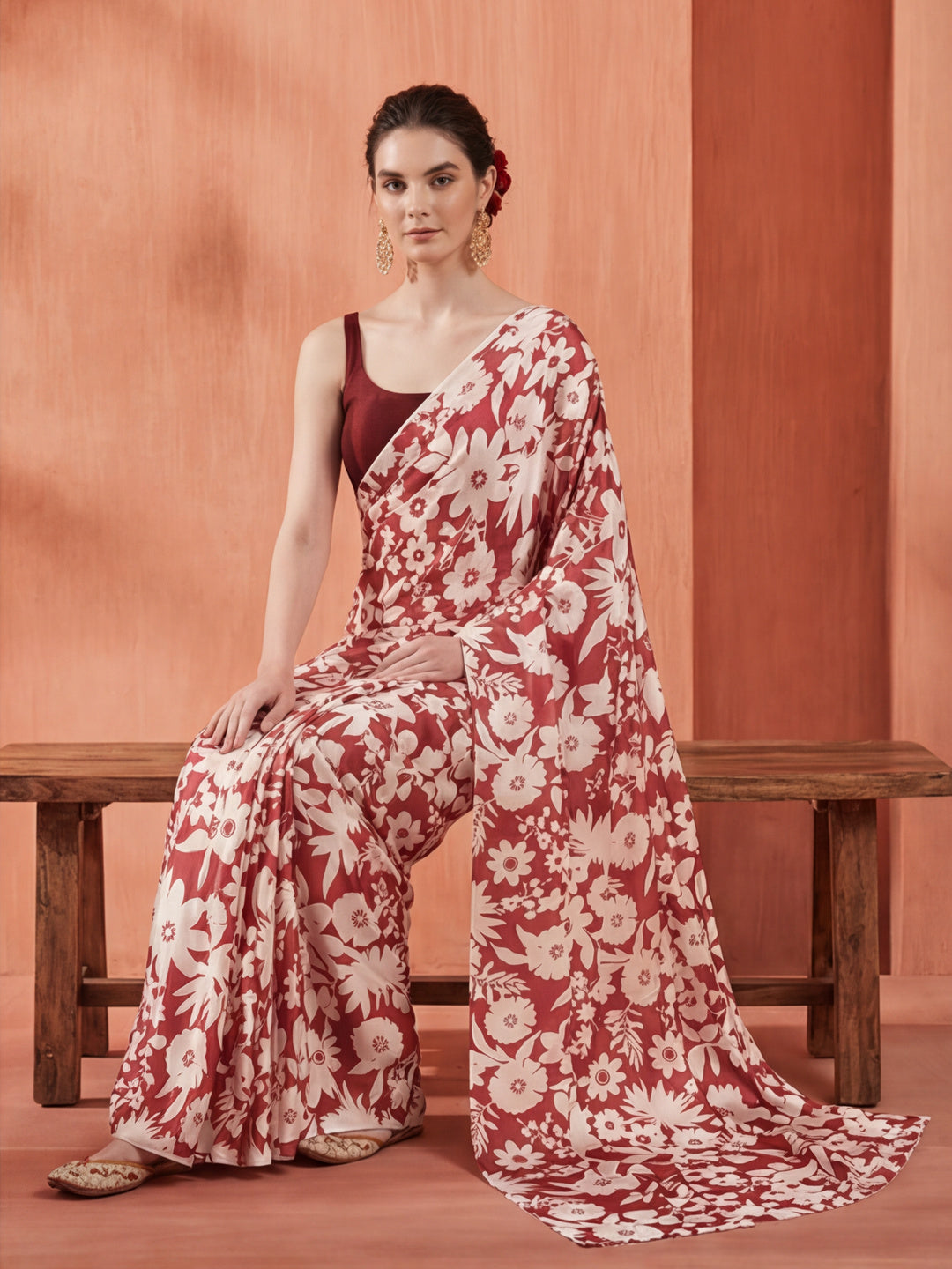 Maroon Floral Printed Japan Silk Saree