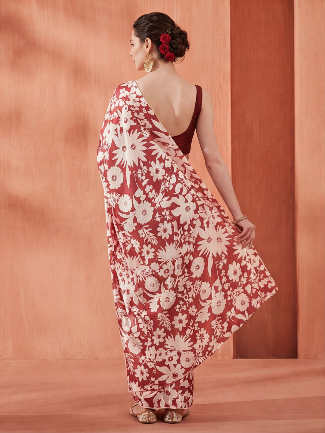 Maroon Floral Printed Japan Silk Saree