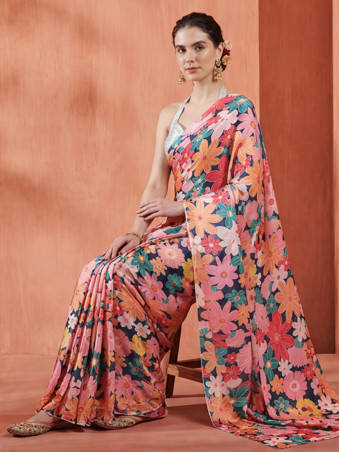 Floral Printed Japan Silk Saree