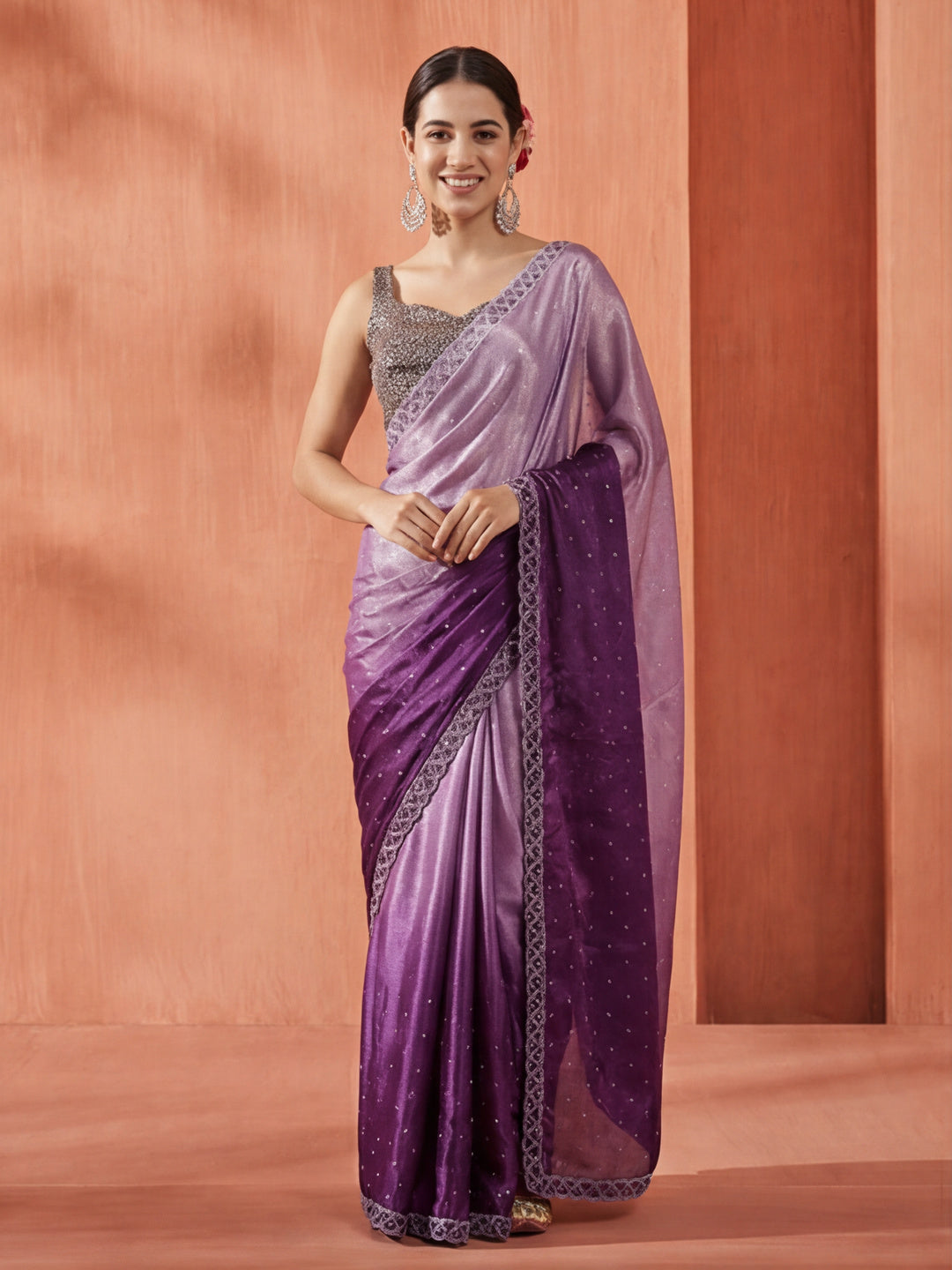 Satin Siroski Work Party Wear Lavender Saree