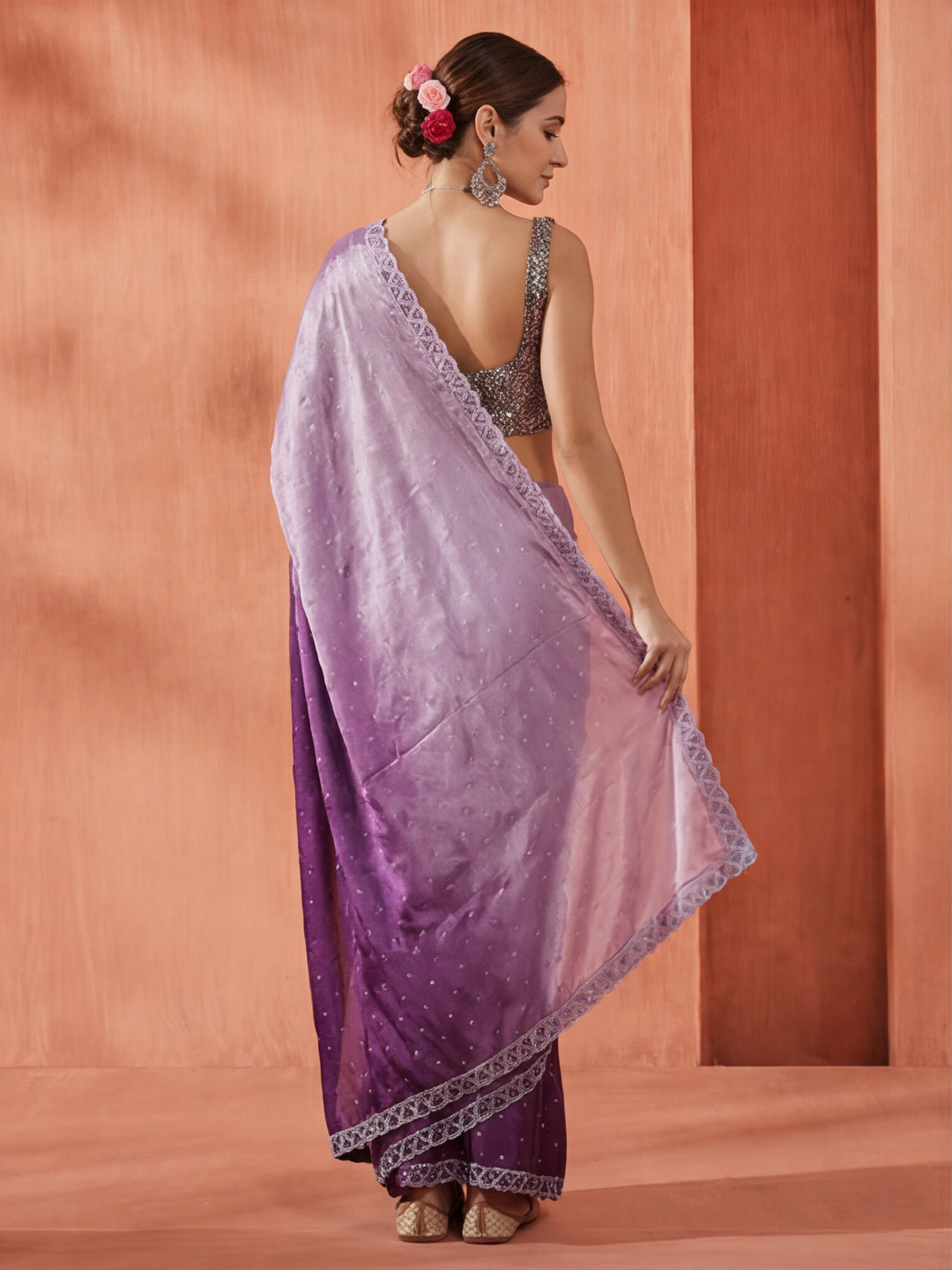 Satin Siroski Work Party Wear Lavender Saree