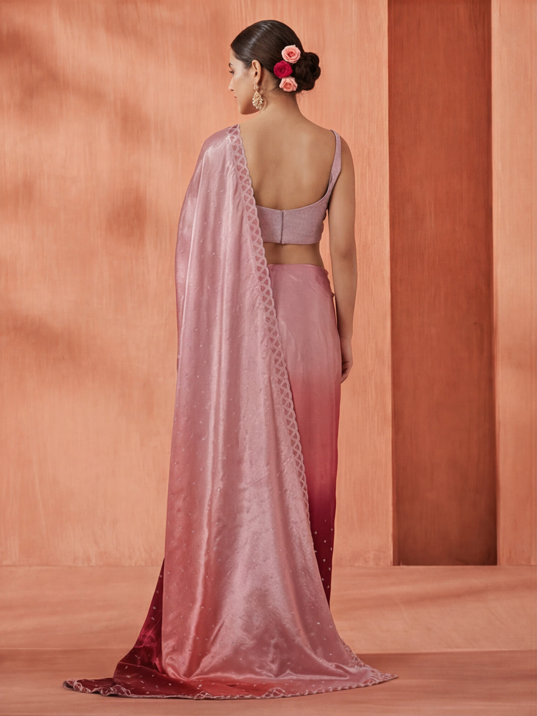 Satin Siroski Work Party Wear Pink Saree