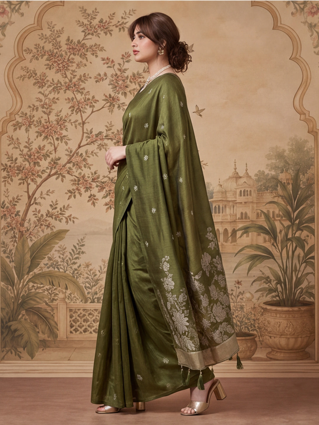 Women Olive Green Floral Woven Saree with Jacquard Border & Tassel Pallu