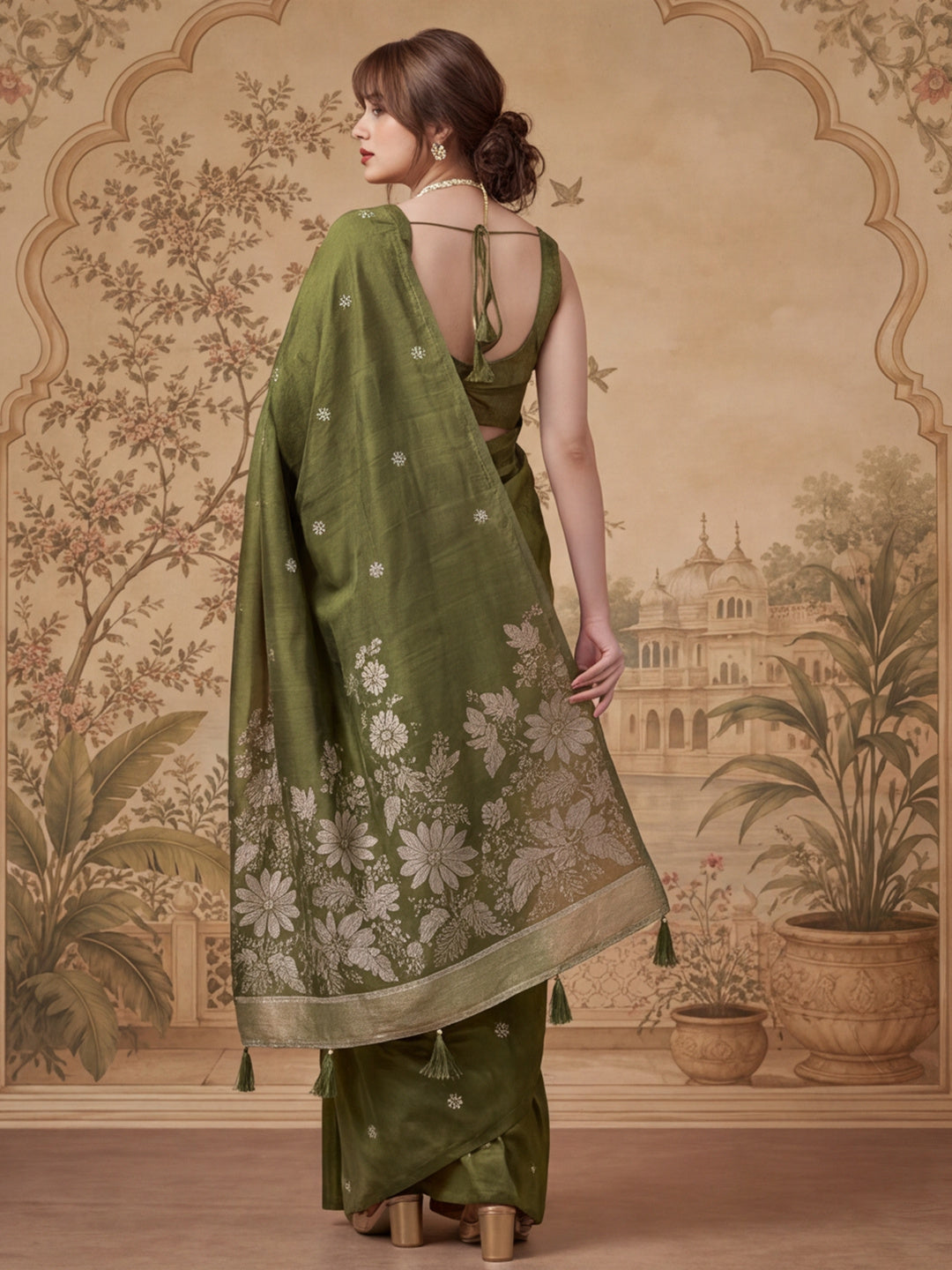 Women Olive Green Floral Woven Saree with Jacquard Border & Tassel Pallu