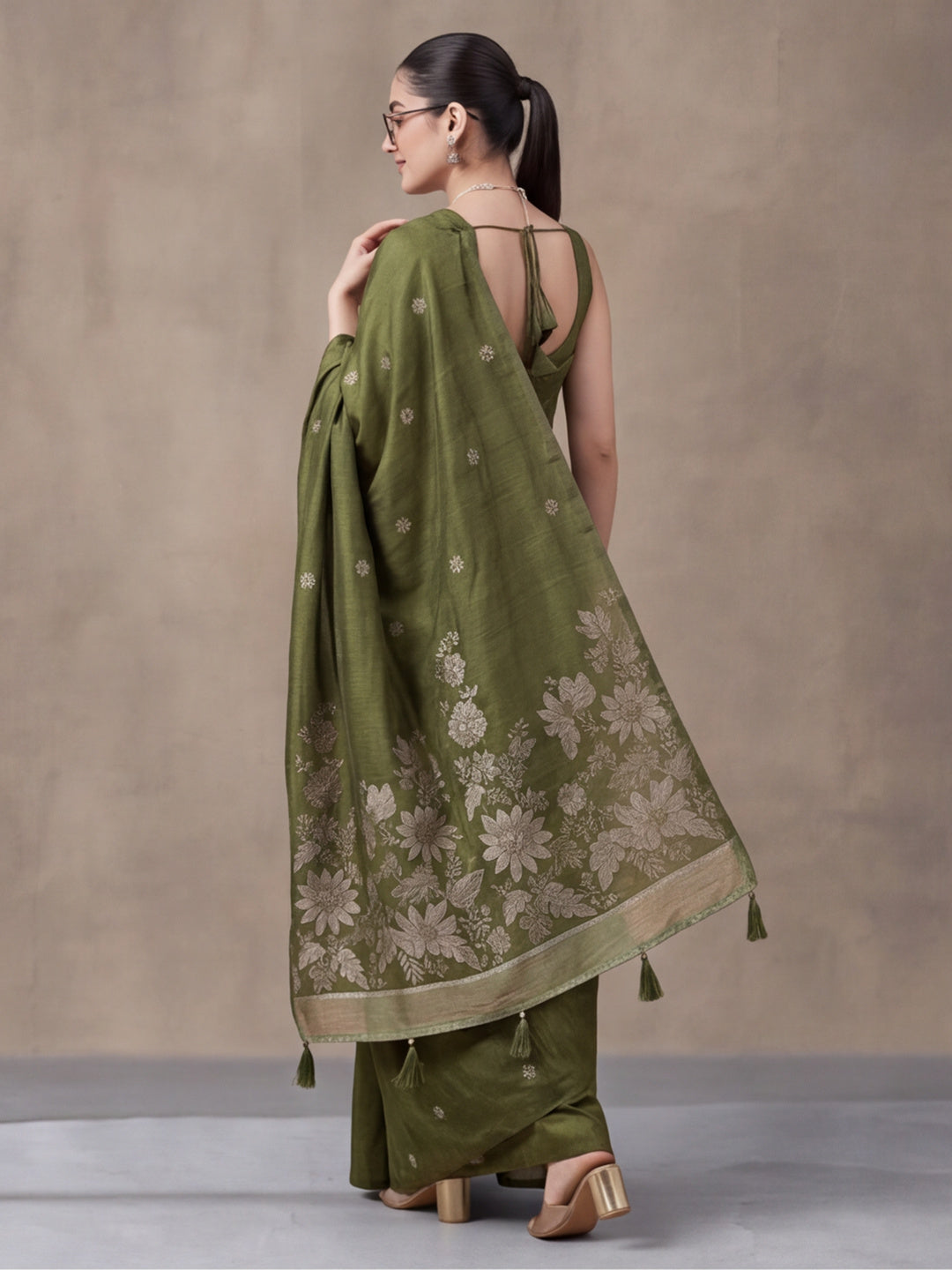 Women Olive Green Floral Woven Saree with Jacquard Border & Tassel Pallu