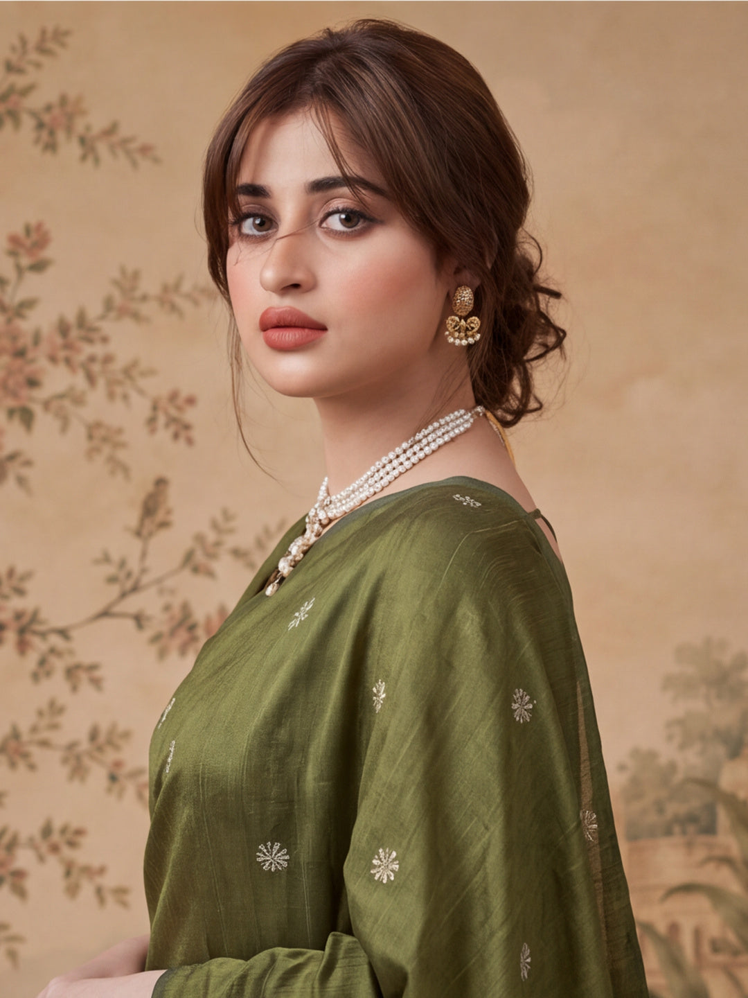 Women Olive Green Floral Woven Saree with Jacquard Border & Tassel Pallu