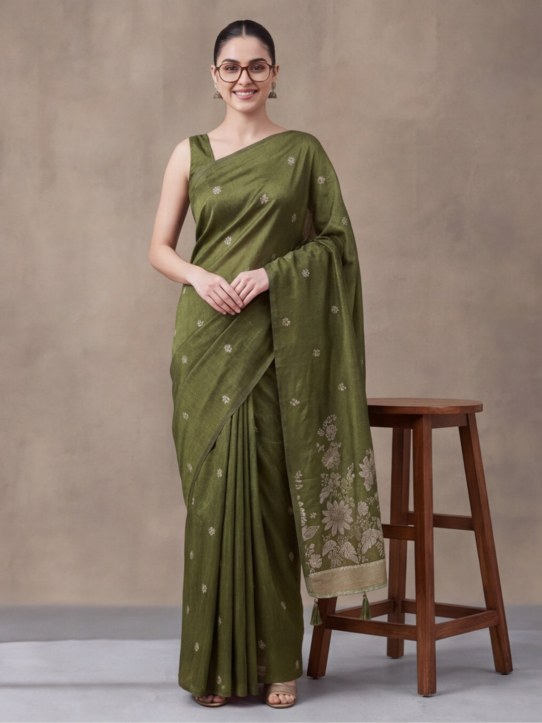 Women Olive Green Floral Woven Saree with Jacquard Border & Tassel Pallu