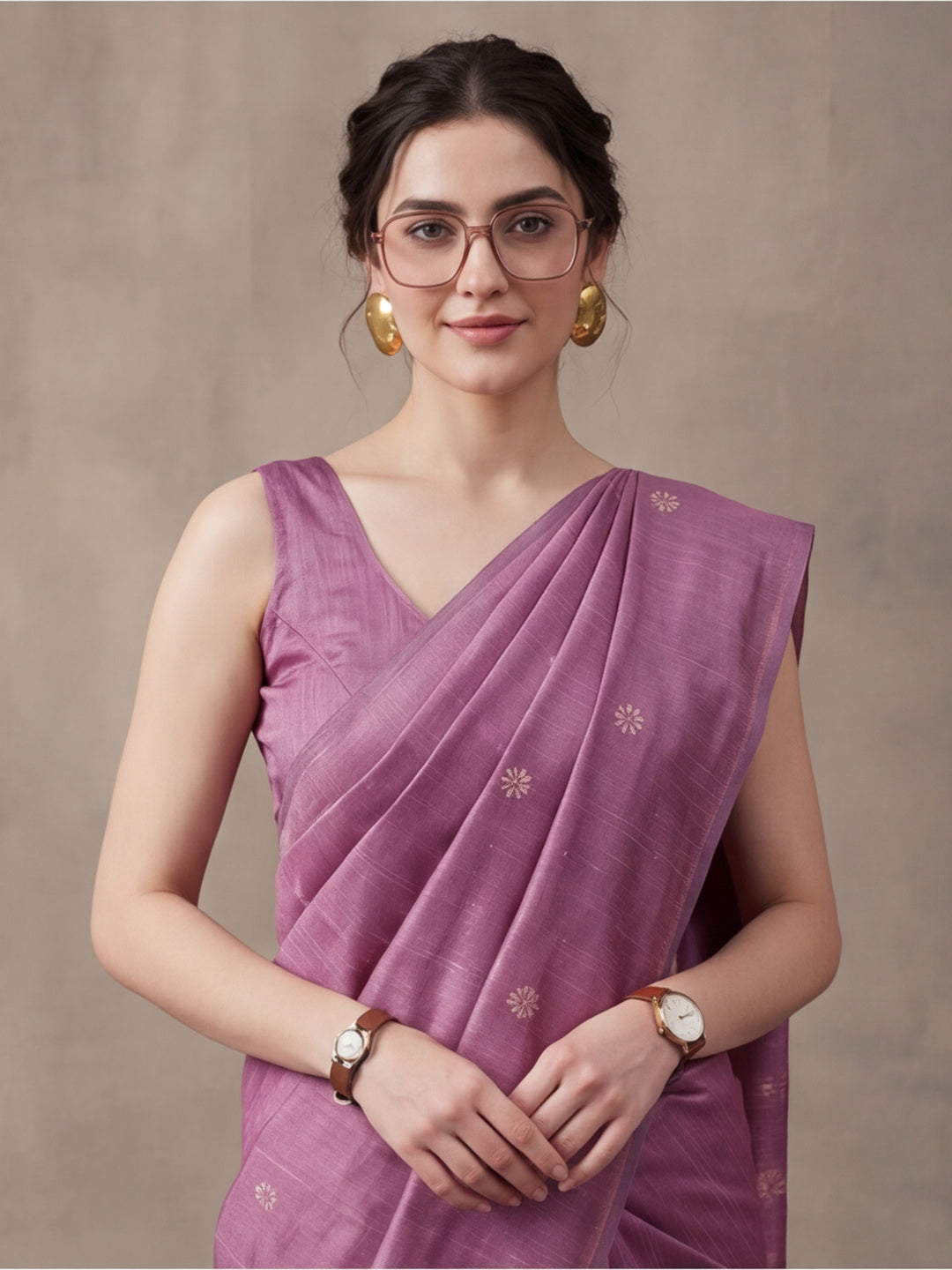 Women Mauve Pink Floral Woven Design Saree with Tassel Detail Pallu