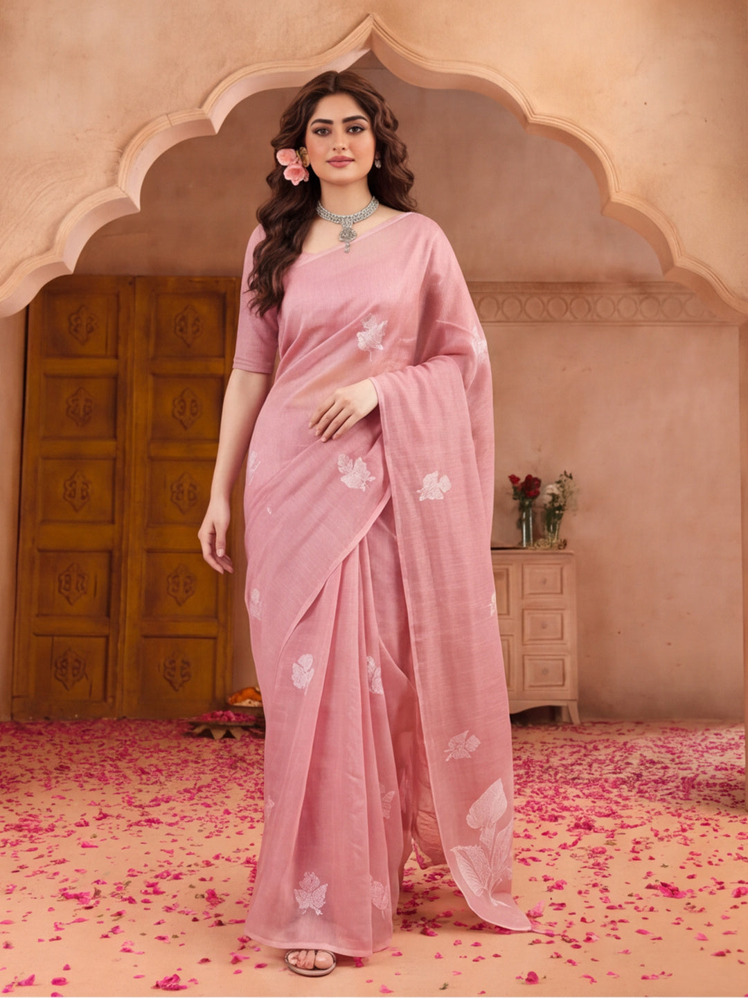 Women Dusty Pink Floral Woven Design Saree with Tassel Detail Pallu