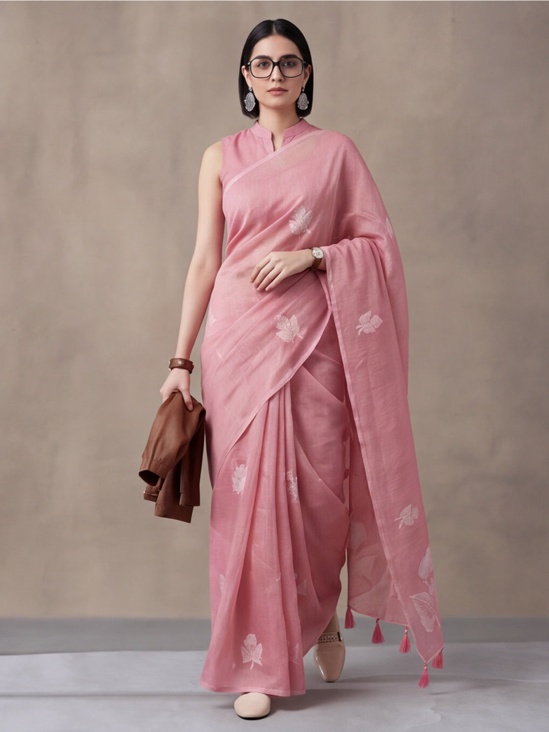 Women Dusty Pink Floral Woven Design Saree with Tassel Detail Pallu