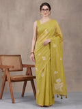 Women Lime Green Floral Woven Design Saree with Tassel Detail Pallu