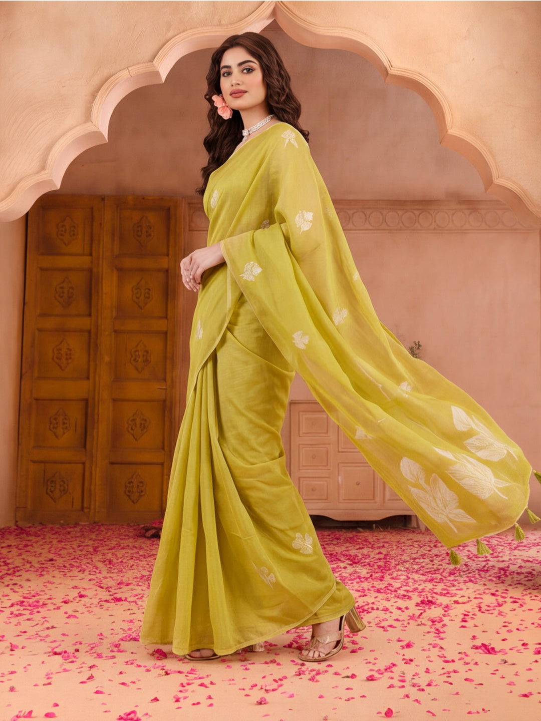 Women Lime Green Floral Woven Design Saree with Tassel Detail Pallu
