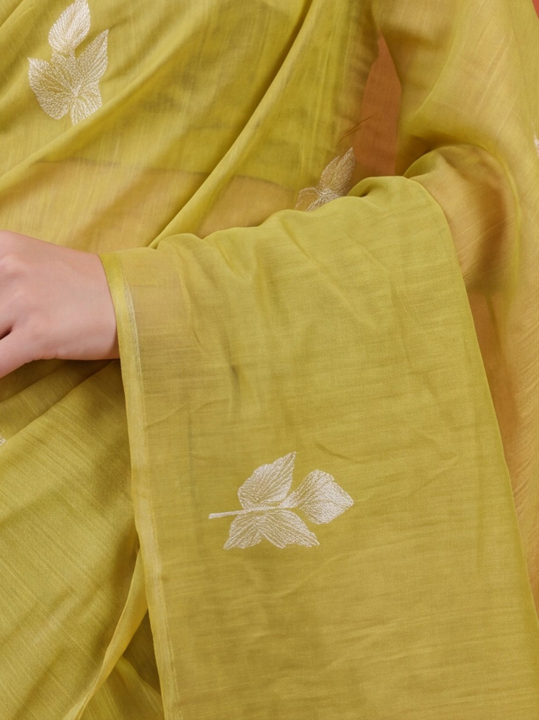 Women Lime Green Floral Woven Design Saree with Tassel Detail Pallu