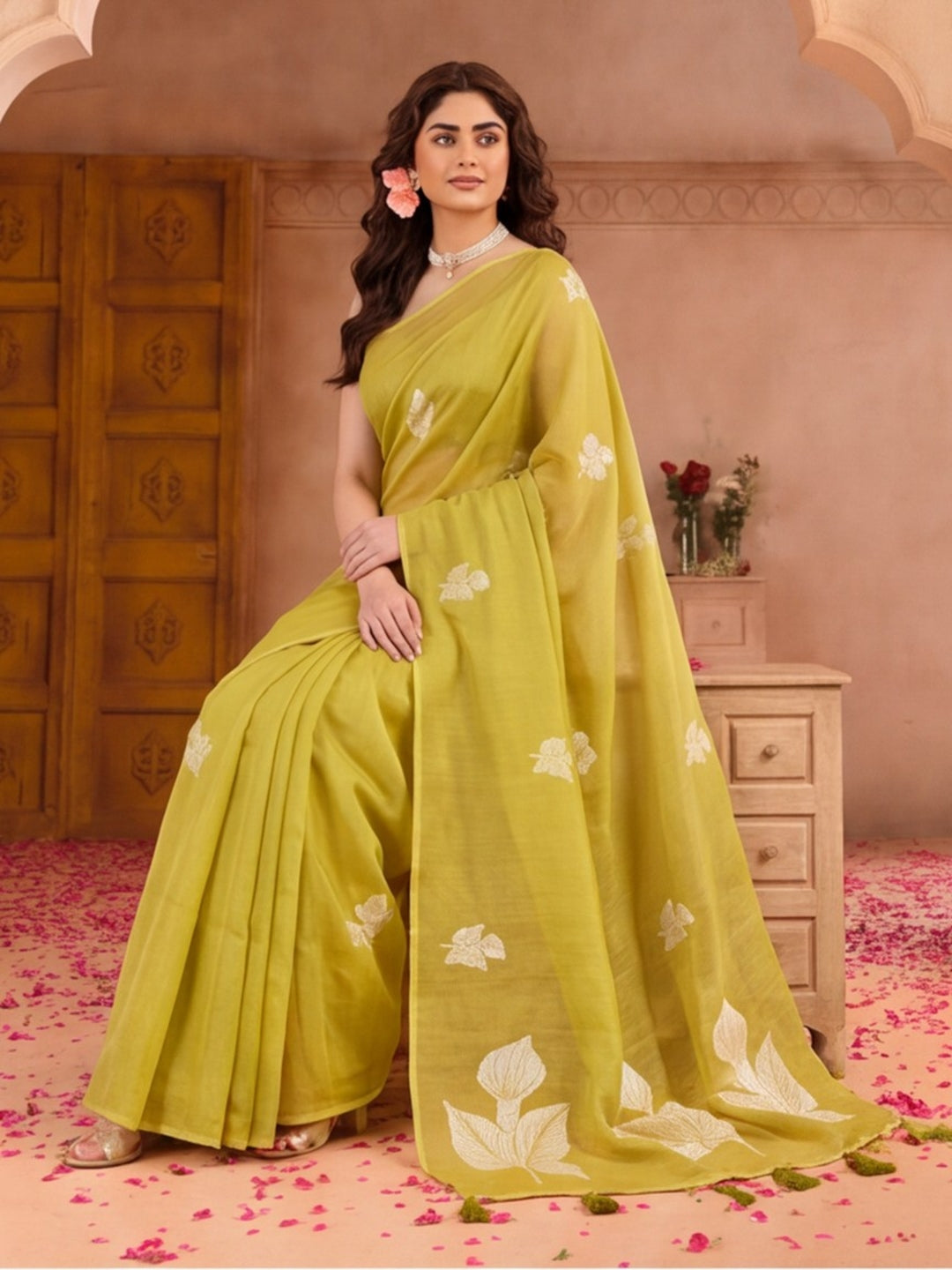 Women Lime Green Floral Woven Design Saree with Tassel Detail Pallu