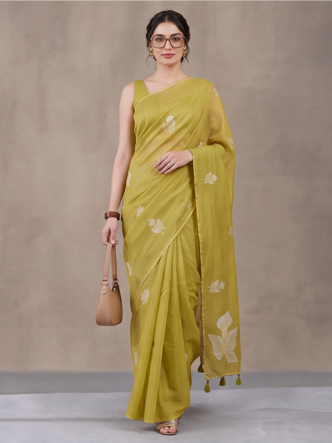 Women Lime Green Floral Woven Design Saree with Tassel Detail Pallu