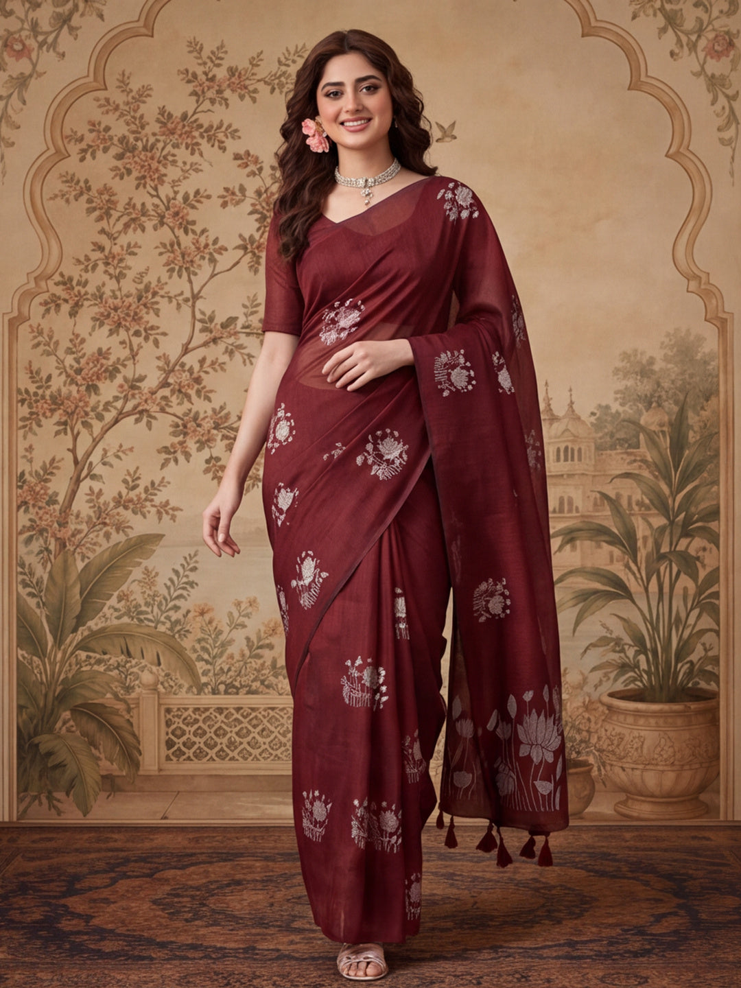 Women Maroon Floral Woven Design Saree with Tassel Detail Pallu