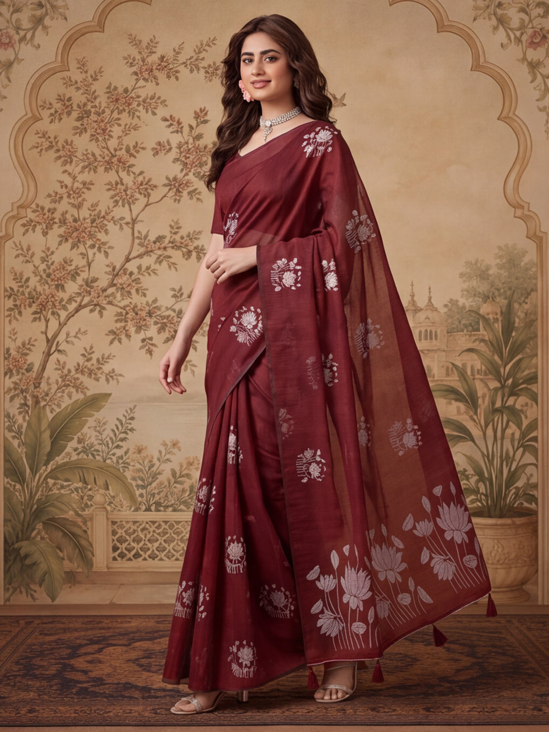 Women Maroon Floral Woven Design Saree with Tassel Detail Pallu
