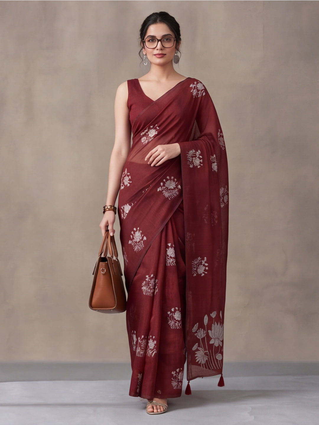 Women Maroon Floral Woven Design Saree with Tassel Detail Pallu
