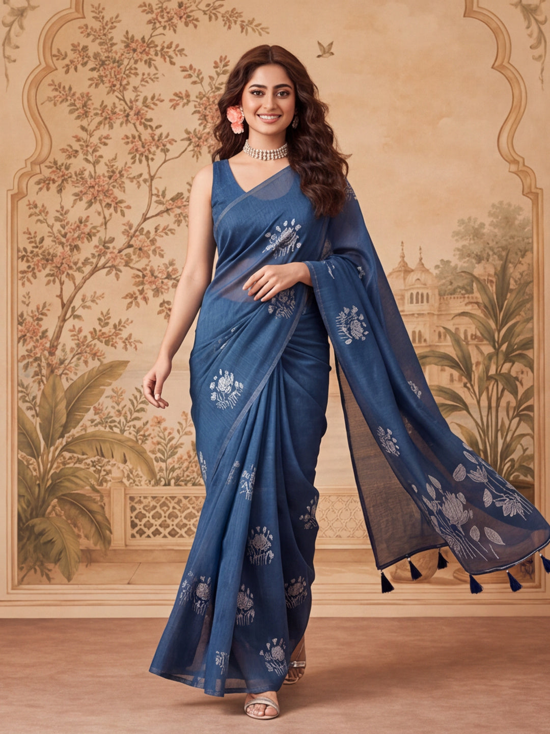 Women Blue Floral Woven Design Saree with Tassel Detail Pallu