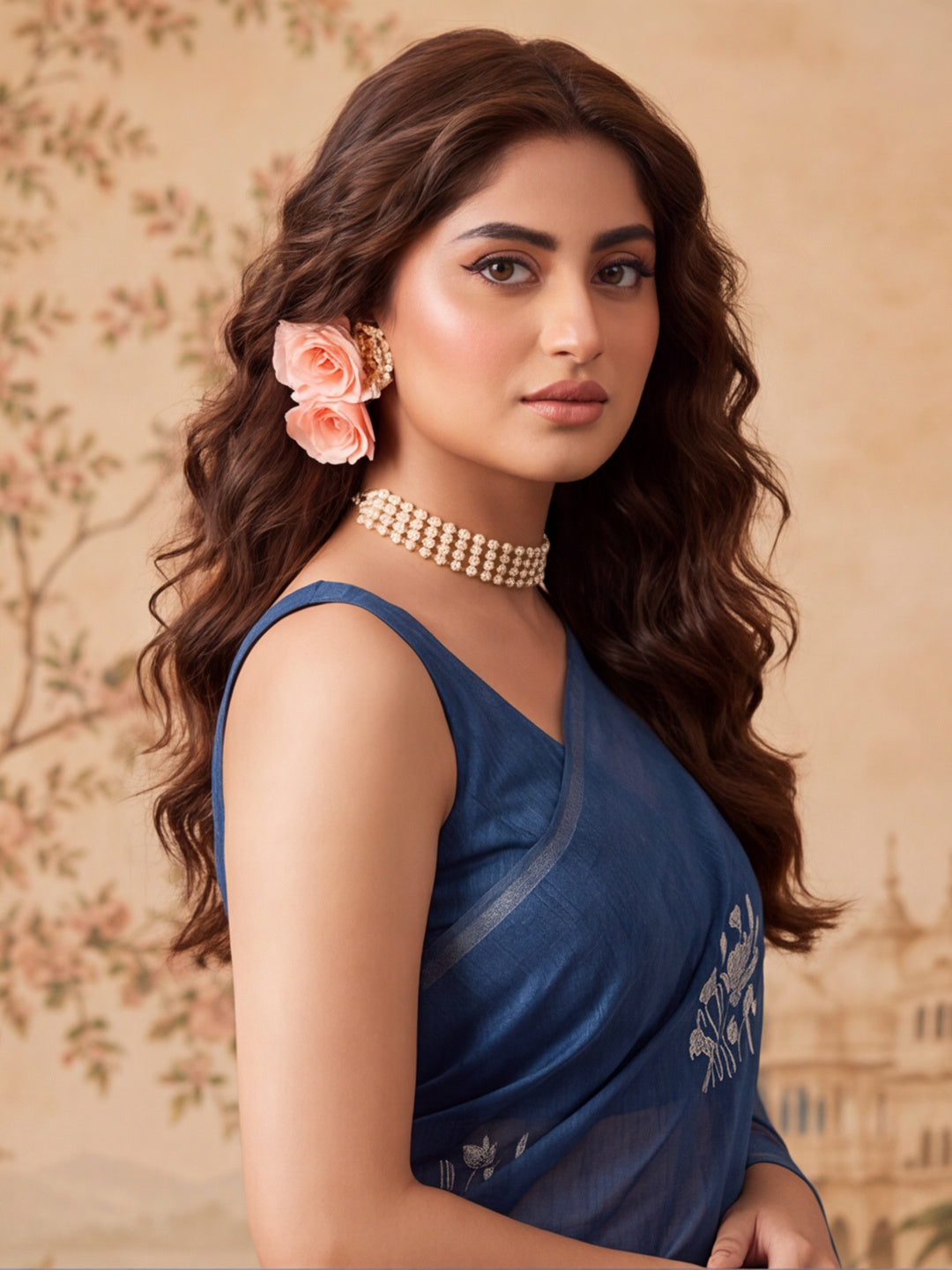 Women Blue Floral Woven Design Saree with Tassel Detail Pallu