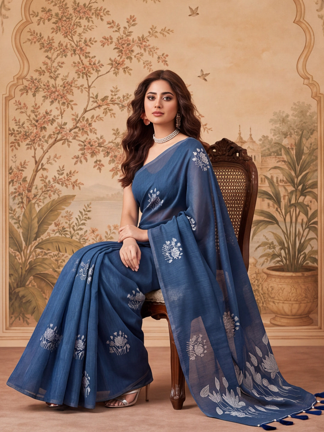 Women Blue Floral Woven Design Saree with Tassel Detail Pallu