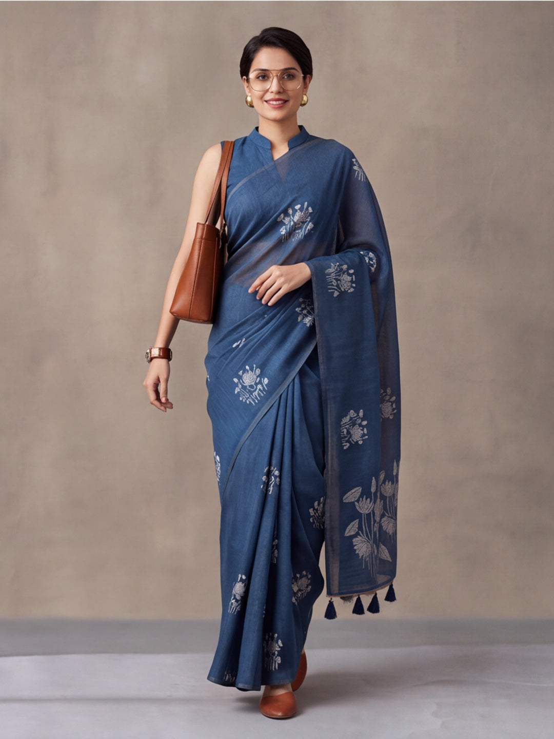 Women Blue Floral Woven Design Saree with Tassel Detail Pallu