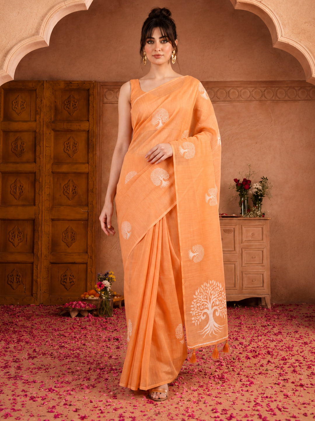 Women Peach Ethnic Tree Print Saree with Tassel Pallu and Artistic Design