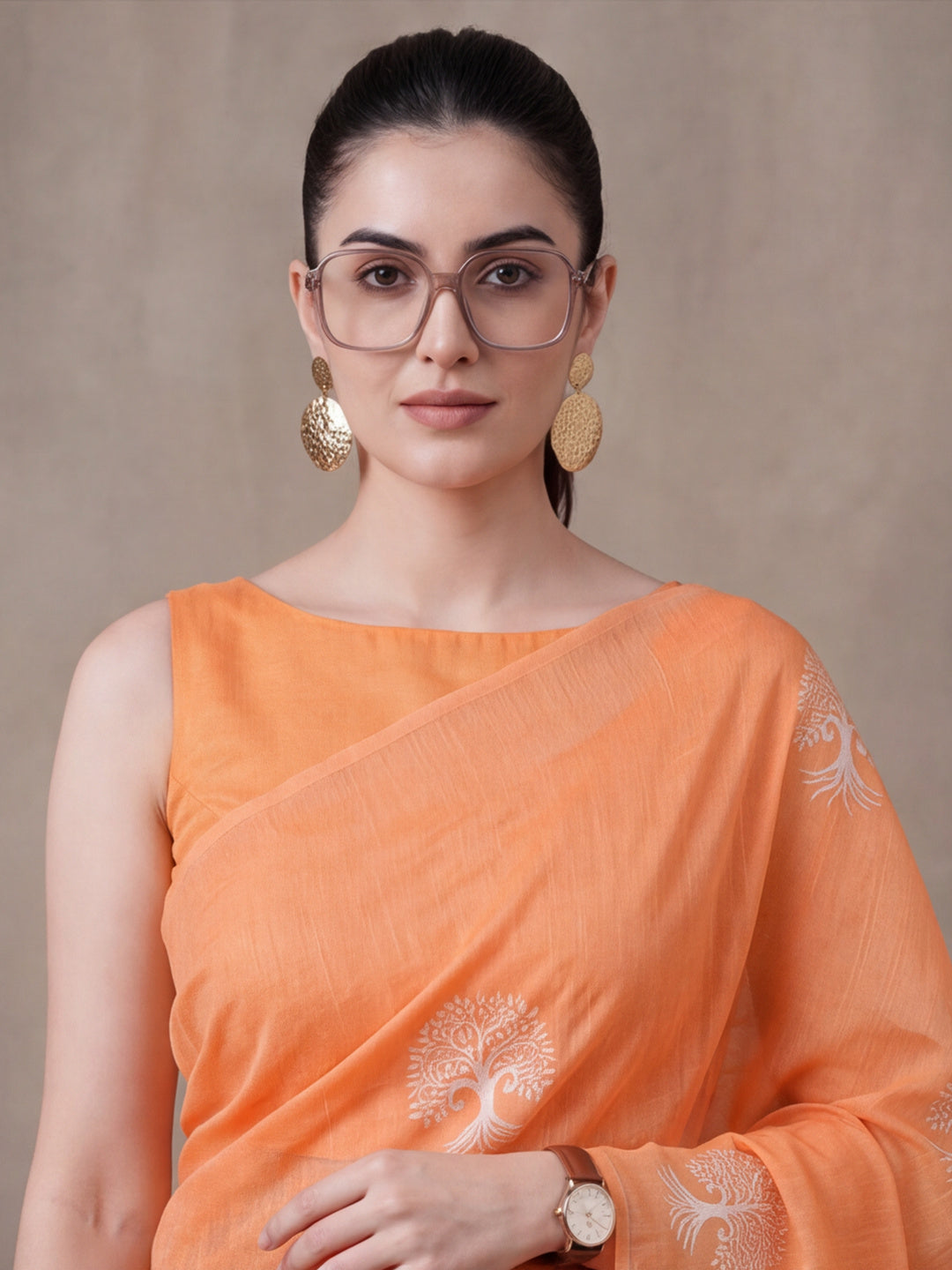 Women Peach Ethnic Tree Print Saree with Tassel Pallu and Artistic Design