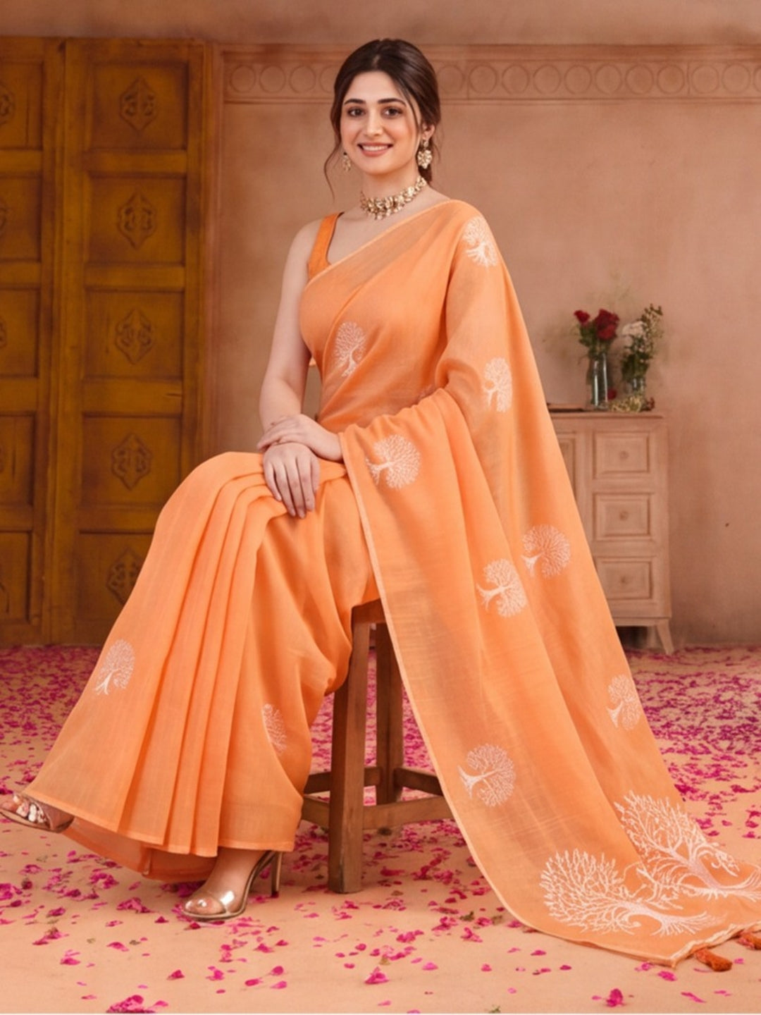 Women Peach Ethnic Tree Print Saree with Tassel Pallu and Artistic Design