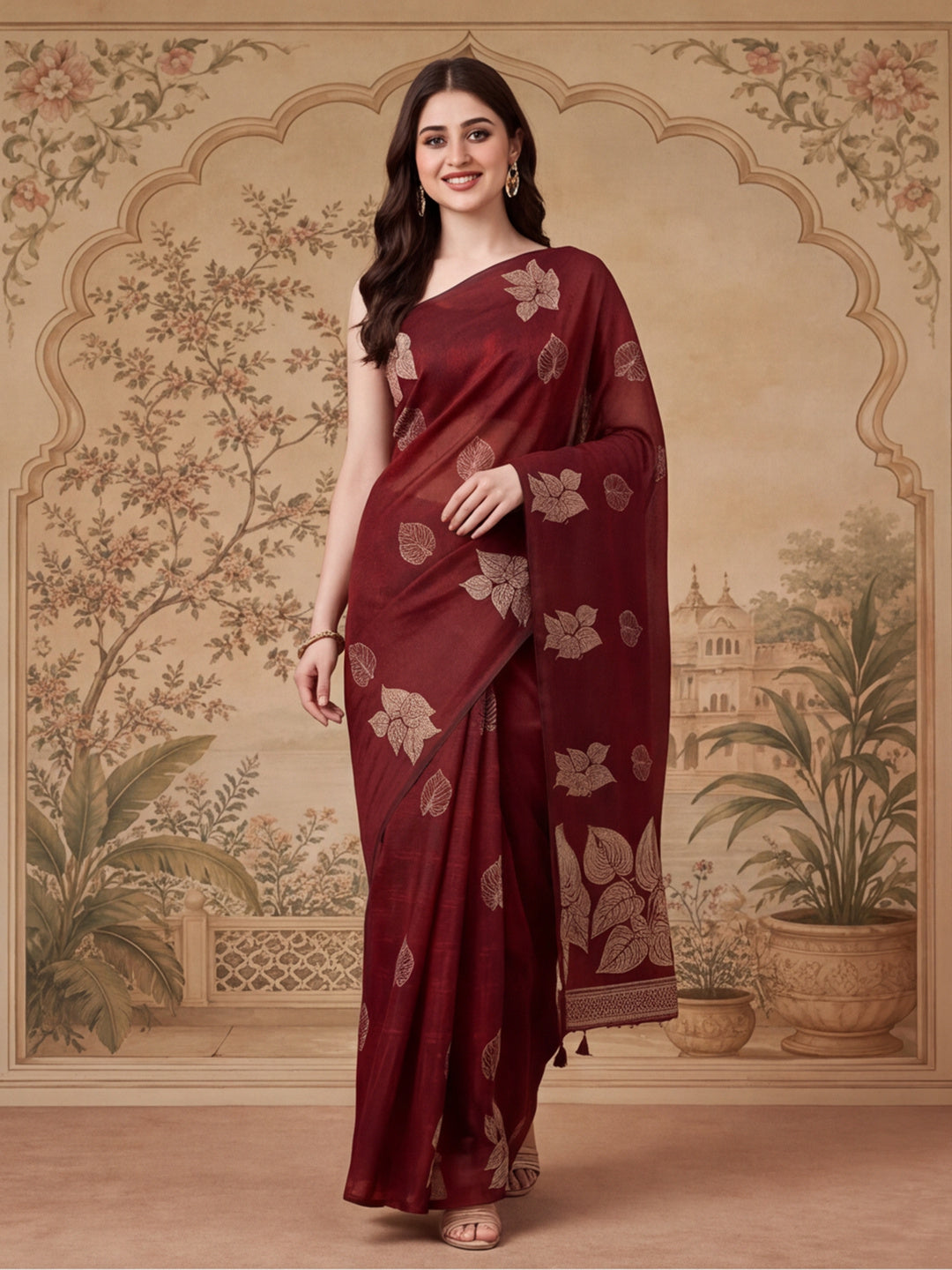 Women Maroon Leaf Motif Woven Saree with Tassel Detail Pallu