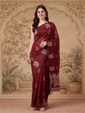 Women Maroon Leaf Motif Woven Saree with Tassel Detail Pallu
