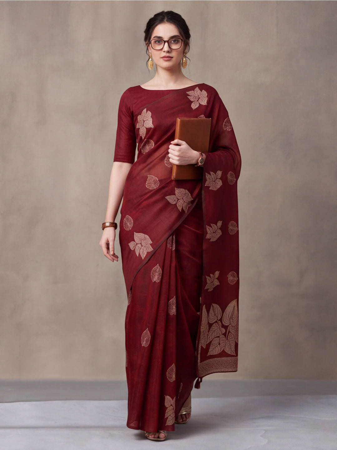 Women Maroon Leaf Motif Woven Saree with Tassel Detail Pallu