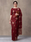 Women Maroon Leaf Motif Woven Saree with Tassel Detail Pallu