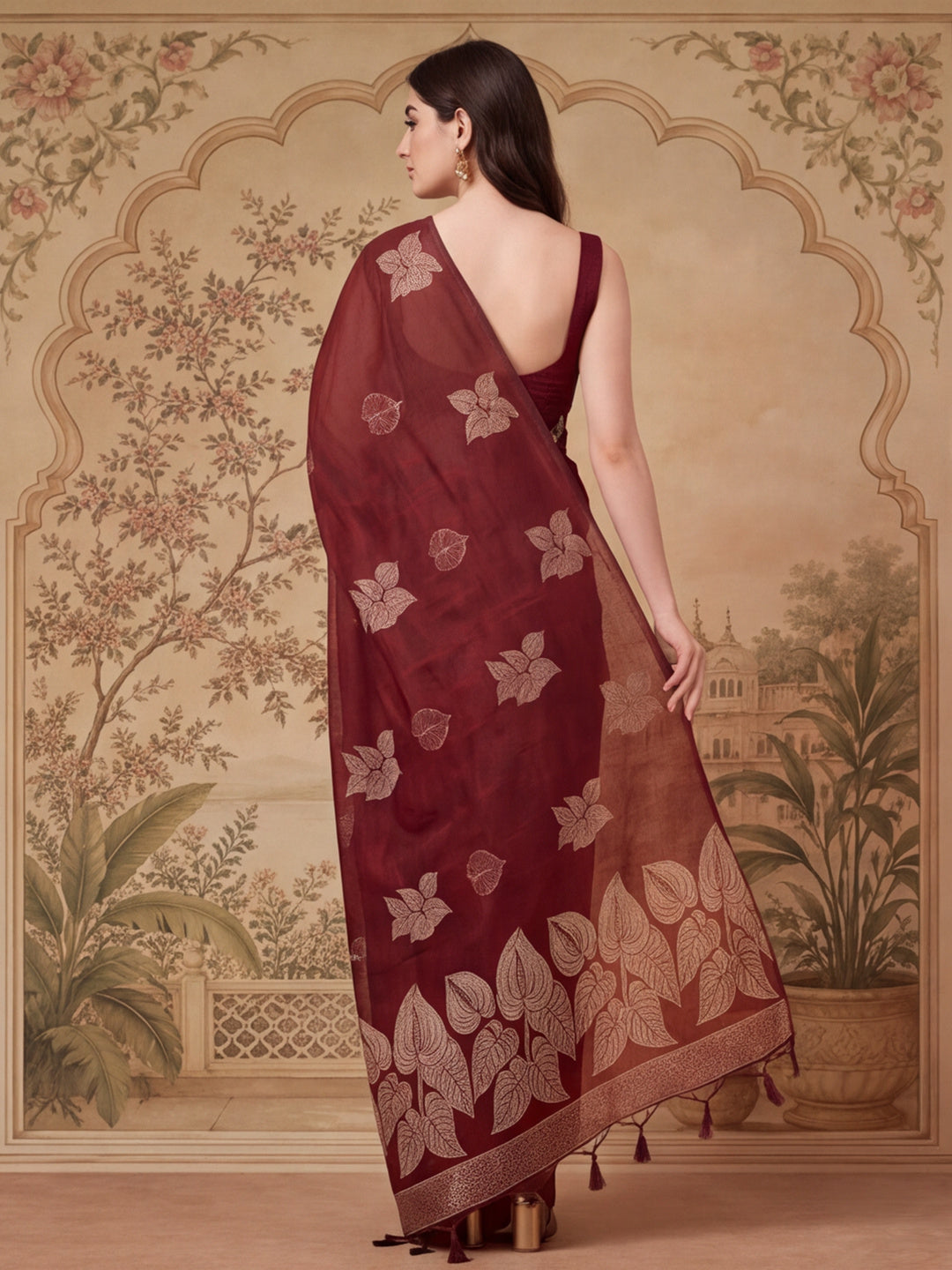 Women Maroon Leaf Motif Woven Saree with Tassel Detail Pallu