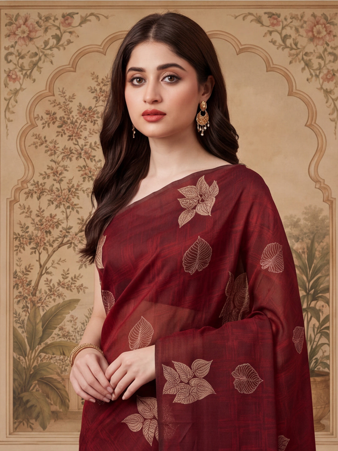 Women Maroon Leaf Motif Woven Saree with Tassel Detail Pallu