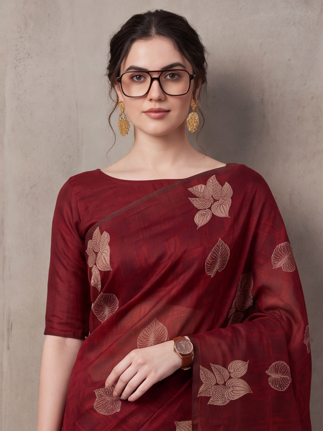 Women Maroon Leaf Motif Woven Saree with Tassel Detail Pallu