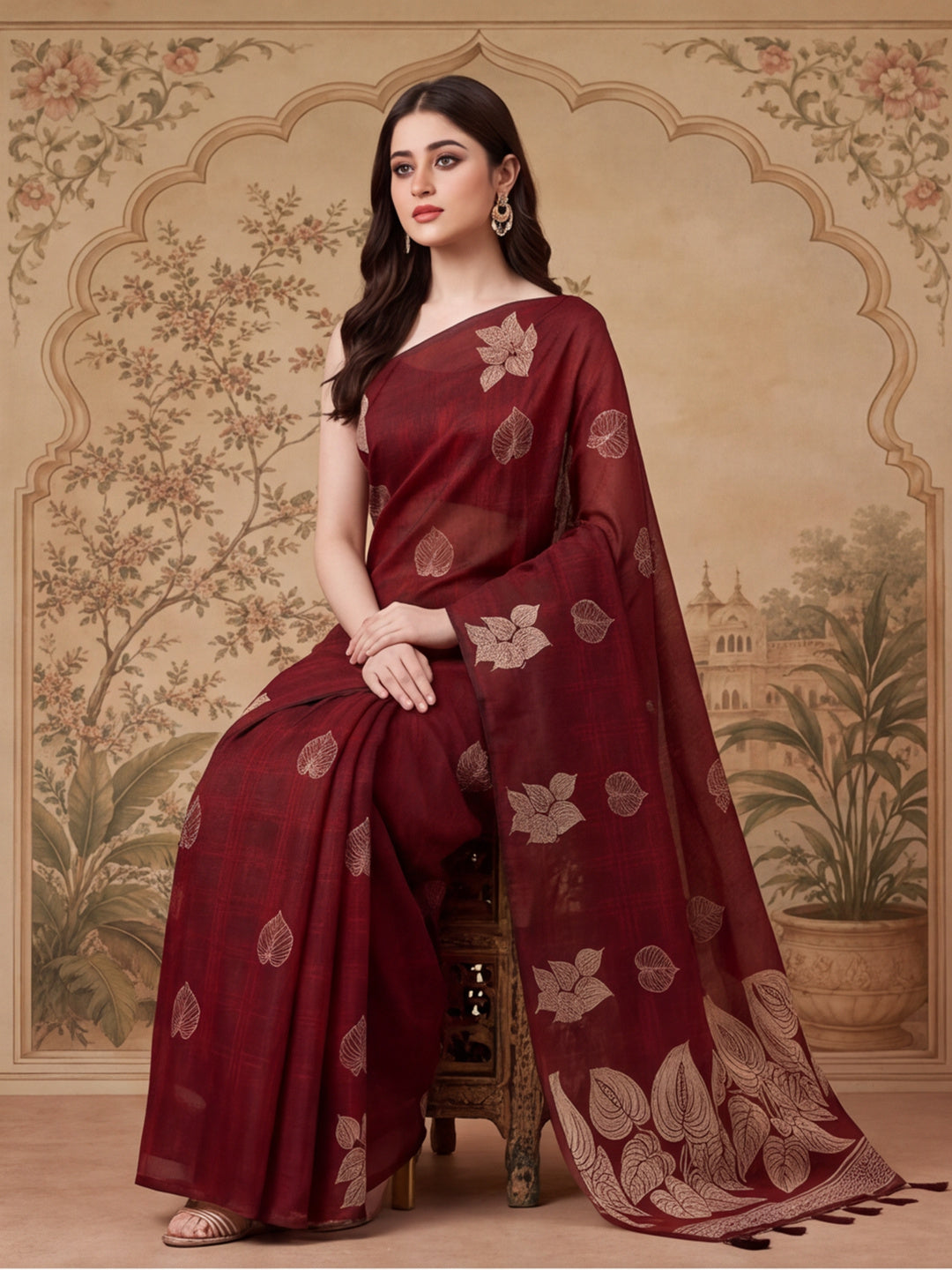 Women Maroon Leaf Motif Woven Saree with Tassel Detail Pallu