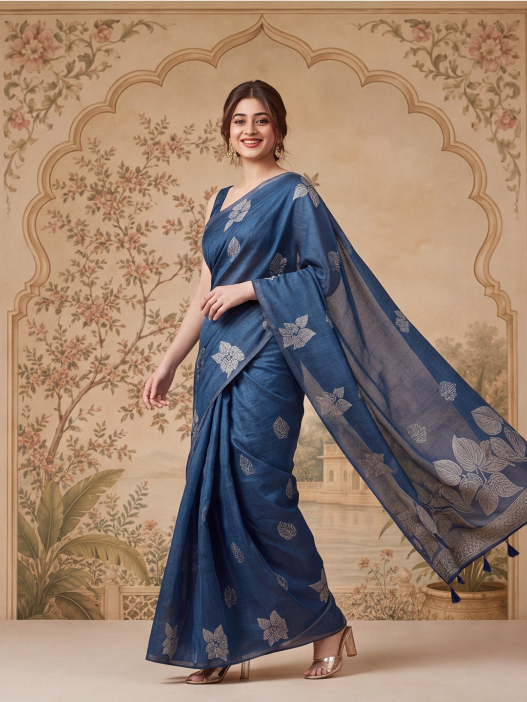 Women Blue Leaf Motif Woven Saree with Tassel Detail Pallu